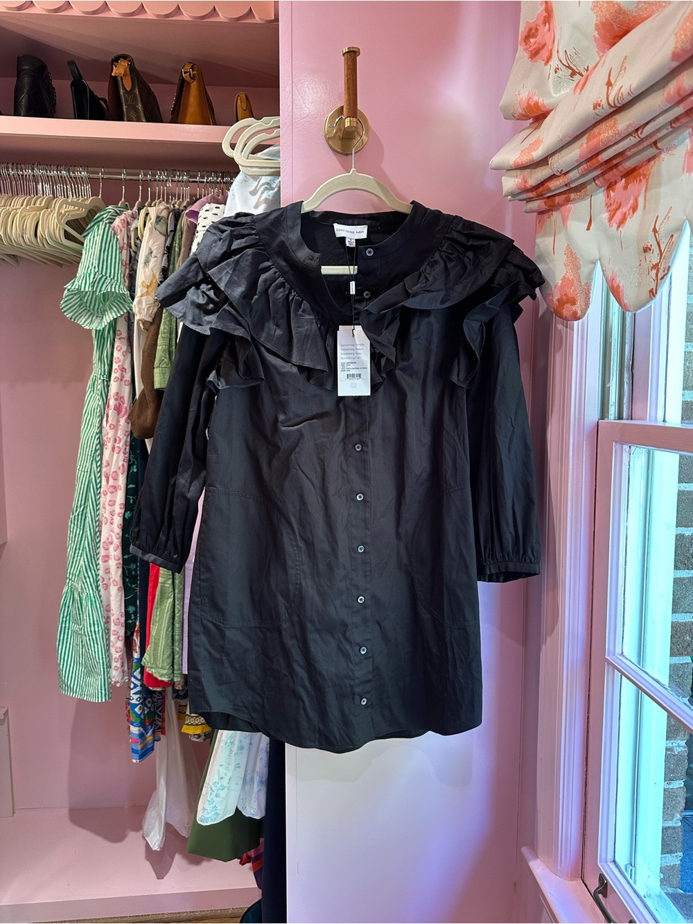 Black Ruffled Collar Button-Front Women's Dress